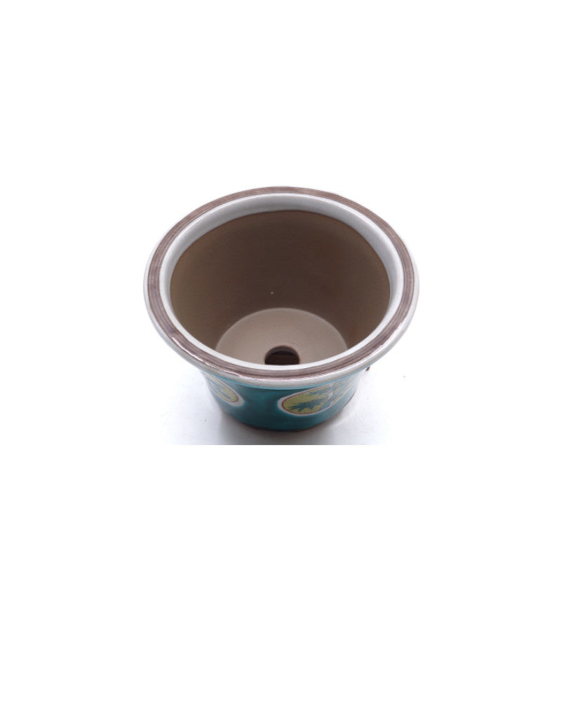 Bonsai pot Kutani yaki 'Matsutake Ume' hand geschilderde groene pot 12cm