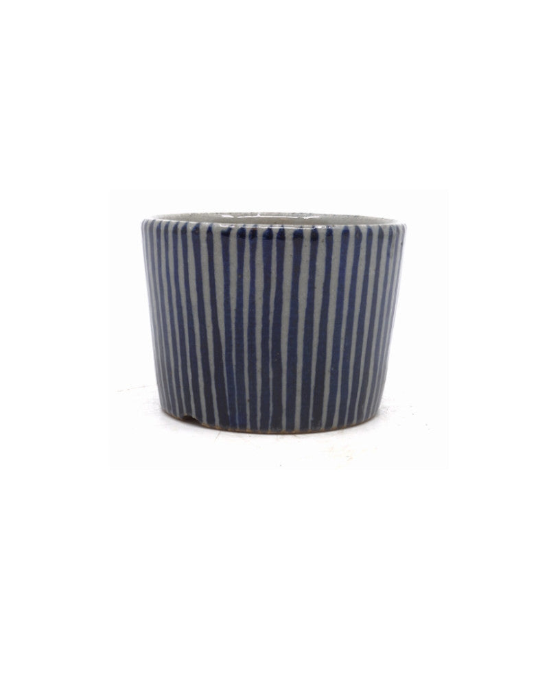 Shohin Bonsai pot handgeschilderd blauwe strepen rond 9cm