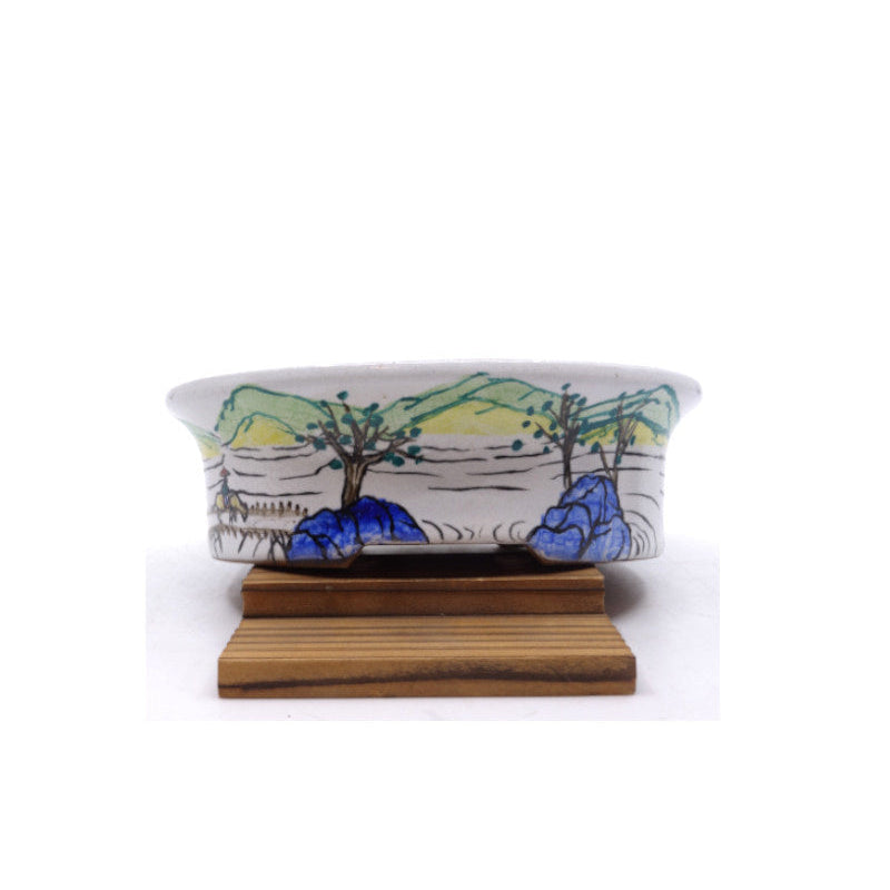 Bonsai pot handgeschilderde landschap blauw ovaal 16cm