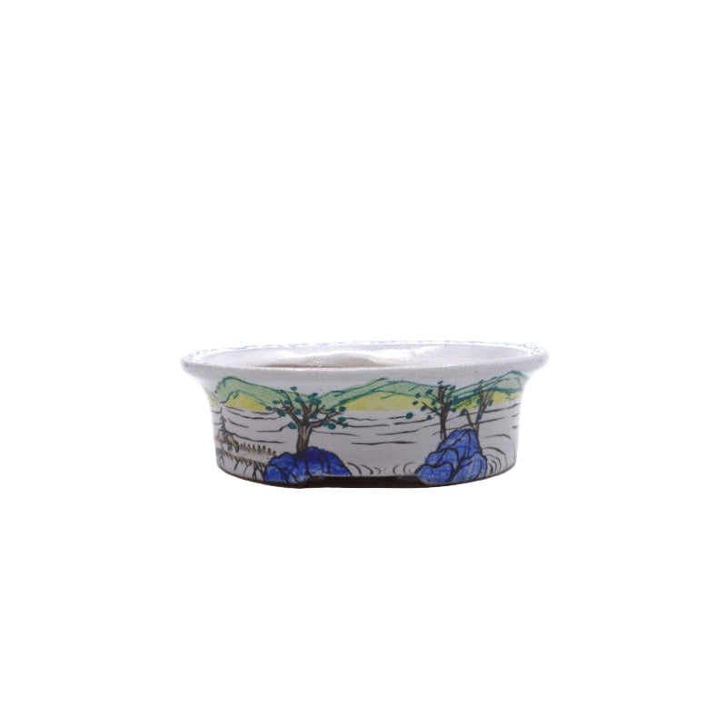 Bonsai pot handgeschilderde landschap blauw ovaal 16cm