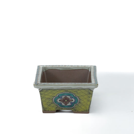 Bonsai pot Kutani yaki 'Ishidatami' rechthoekig multi-kleuren 13cm