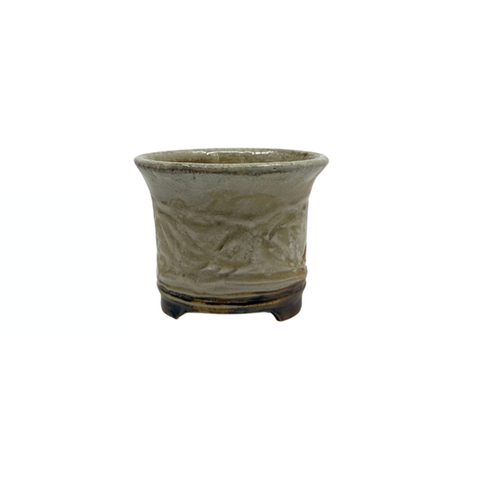 Vaso per bonsai Shohin color crema con linee incrociate René Lecocq 9cm